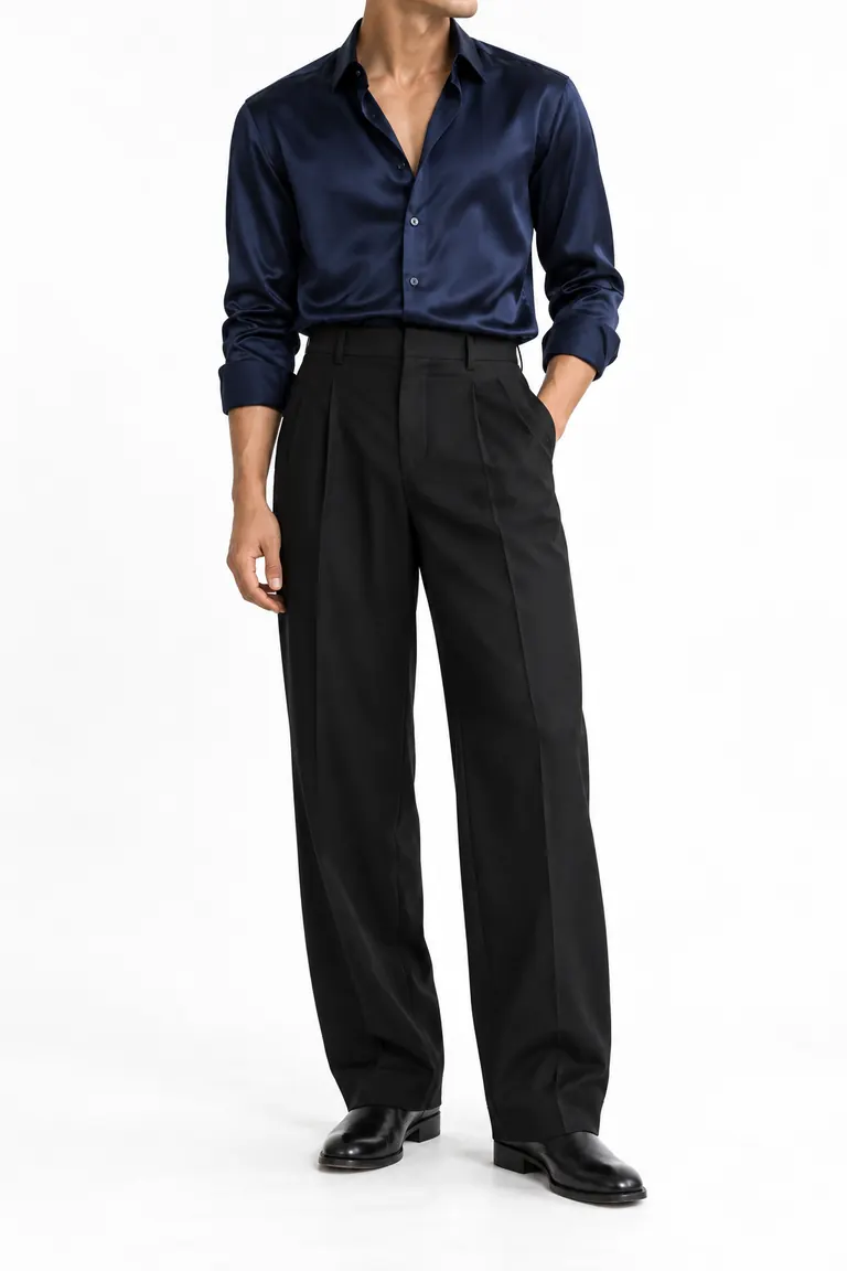 Man in a navy satin shirt and wide black trousers